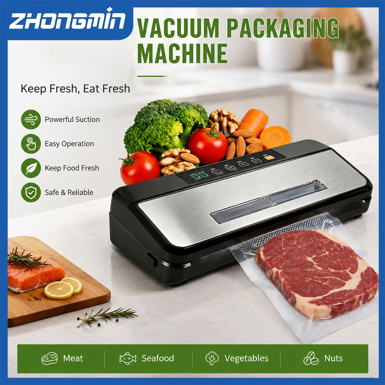 Food Vacuum Sealer Machine - ZM-VS6608X Çok Fonksiyonlu Vakum Makinesi, 110V,