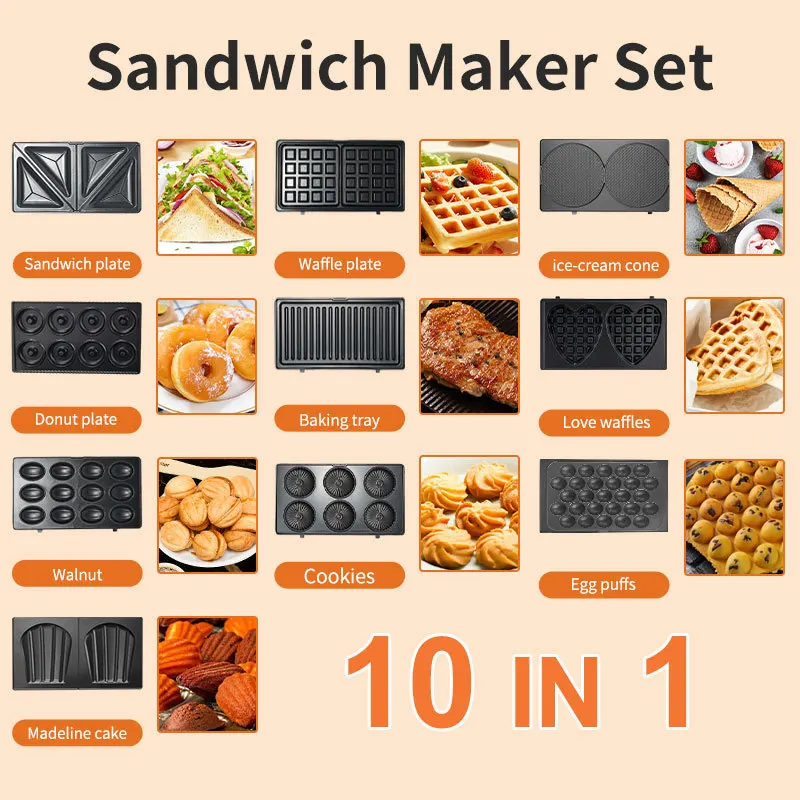 Mini Waffle Maker Machine - 220/110V Ev Aletleri 10'u 1 Arada